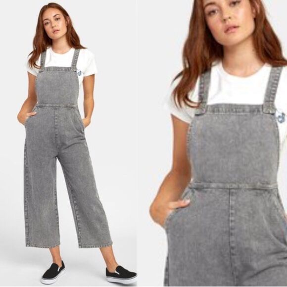 NEW RVCA Crystal Denim Overalls Gray Stripes Wide Leg Crop 100% Cotton Size M - Picture 3 of 15